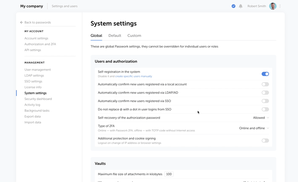 A screenshot of the Passwork 6.0 system settings page.