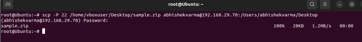 Een screenshot van een beveiligde kopieerprotocoloverdracht in een Ubuntu-terminal.