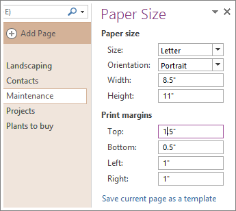 Save current page as template in OneNote