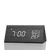 Digital Alarm Clock, with Wooden Electronic LED Time Display, 3 Alarm Settings, Humidity & Temperature Detect, Wood Made Electric Clocks for Bedroom, Bedside… (Black)