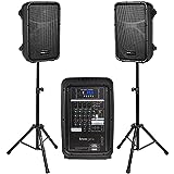 Knox Dual Speaker and Mixer Set–Portable 8” 300 Watt DJ PA System with Wired Microphone & Tripod Stands, 8 Channel Amplifier, Bluetooth, USB, SD, 1/4” Line RCA, XLR Inputs, Ideal for a Party or Event
