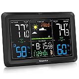 Newentor Weather Station Wireless Indoor Outdoor Thermometer, 7.5in Large Display Atomic Weather Clock, Temperature Humidity Monitor with Moon Phase, Weather Forecast and barometric Pressure, Black