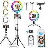 𝗡𝗲𝘄𝗲𝘀𝘁 13' Selfie Ring Light with 63' Stand and 3 Phone Holder, 53 Lighting Modes, iPad Holder, Remote, Desk Tripod, RGB Ringlight for iPhone. Vlogging Circle Led Halo Light Photo Video Kit