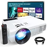 ALVAR 1080P Supported Bluetooth Projector w/ 100'' Screen, 9000 Lux Portable Outdoor Movie Projector w/ 60000 Hrs LED Lamp Life, Compatible with TV Stick, HDMI and USB