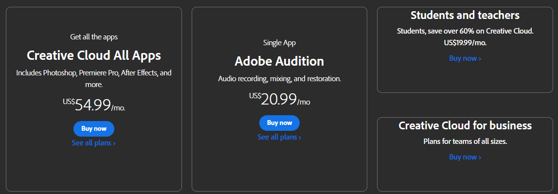 Adobe Audition Editor Pricing Plans