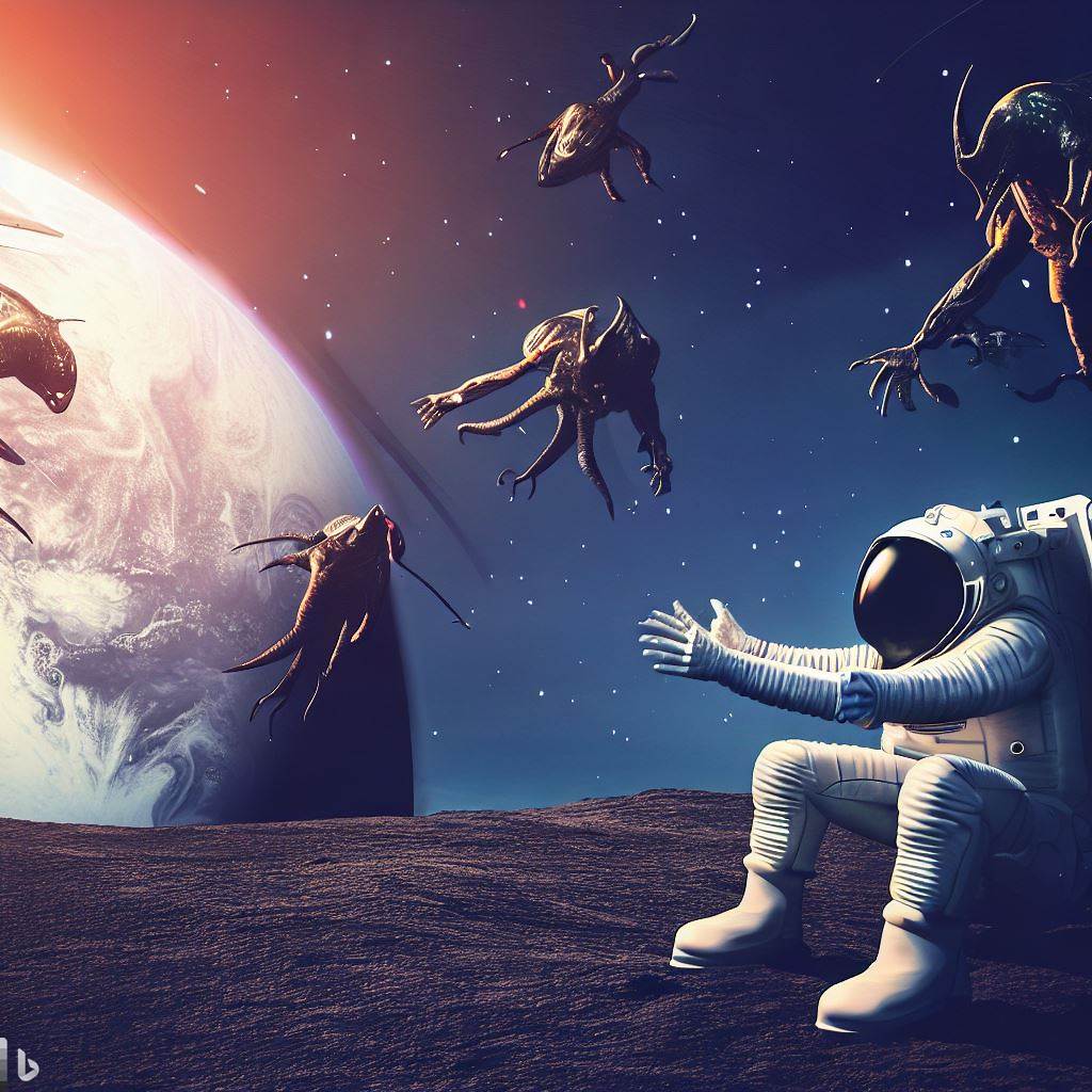 Bing-Image-Creator-A-human-astronaut-playing-landing-a-new-planet-being-welcome-by-hostile-alien-creatures-drawing-their-weapons-1