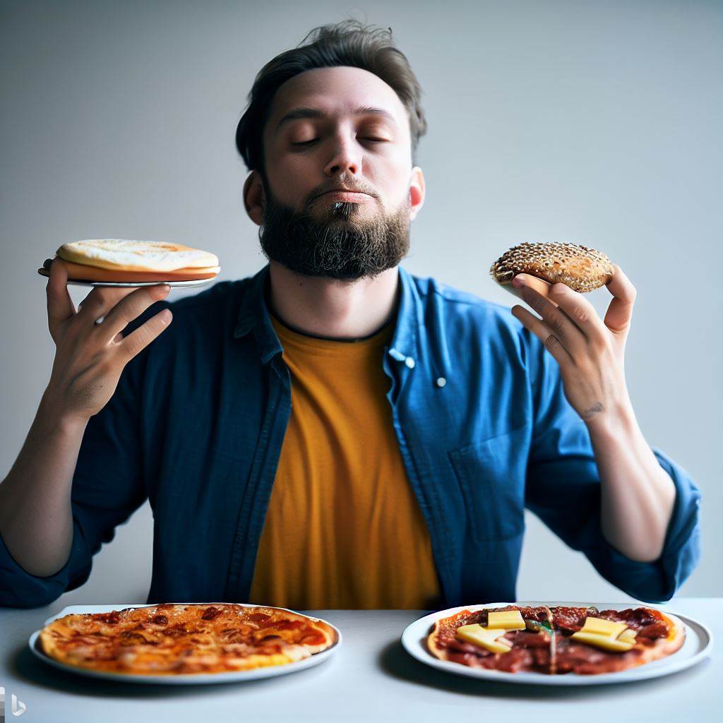 Bing-Image-Creator-A-man-deciding-between-two-plates-one-with-pizza-and-one-with-a-cheese-burger-on-it.-1