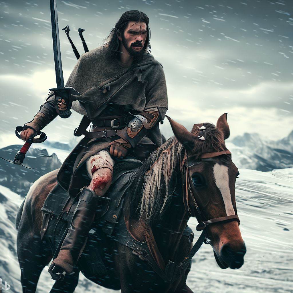 Bing-Image-Creator-A-wounded-warrior-riding-his-horse-on-a-snowy-mountain-with-sword-in-his-hand-1