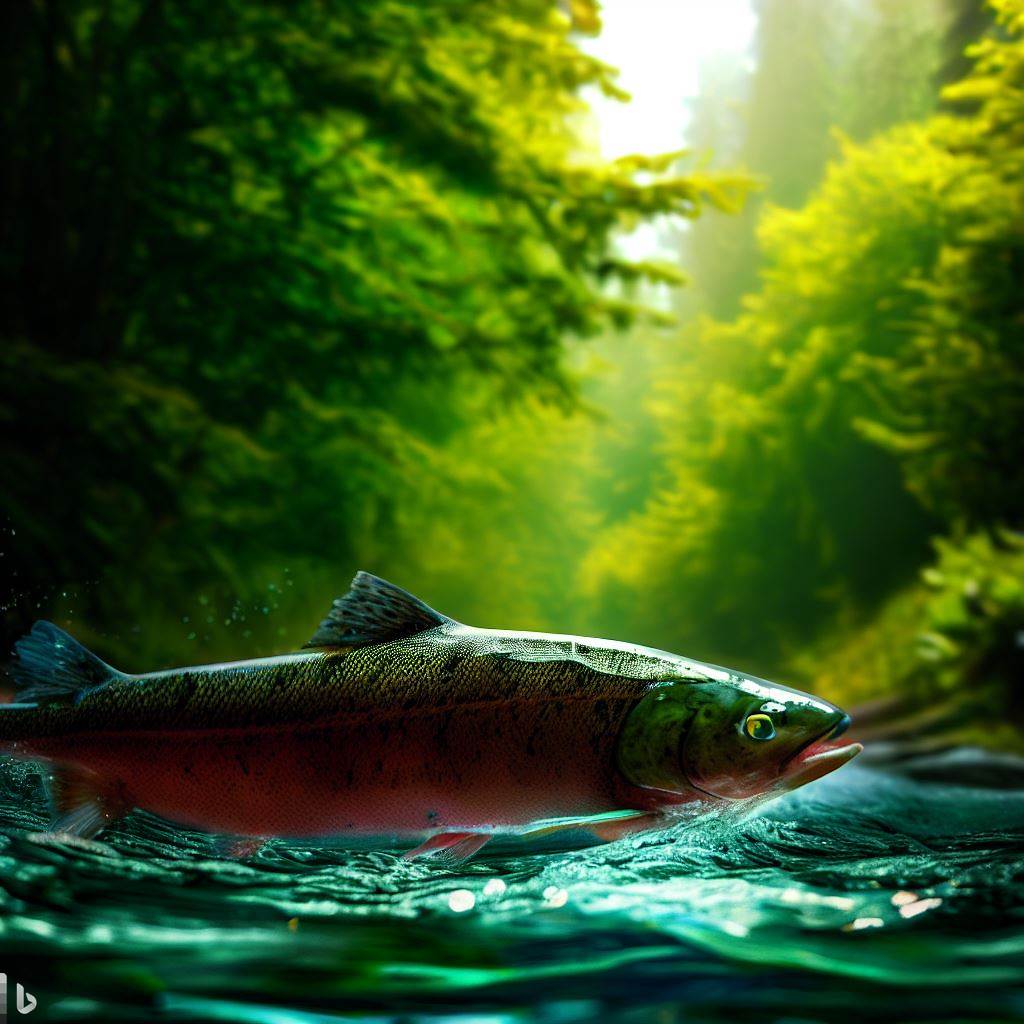 Bing-Image-Creator-Salmon-in-a-river-with-lush-green-trees-in-the-background-1
