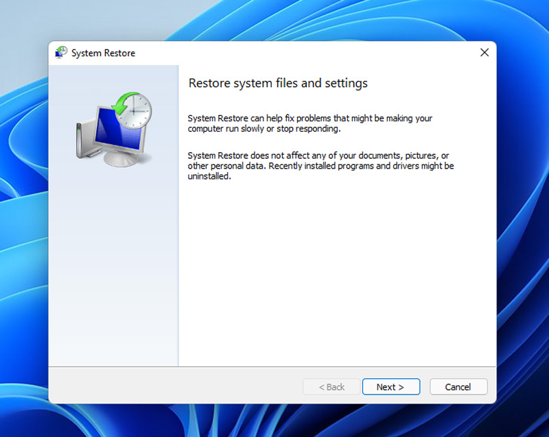 Click Next in the System Restore Wizard