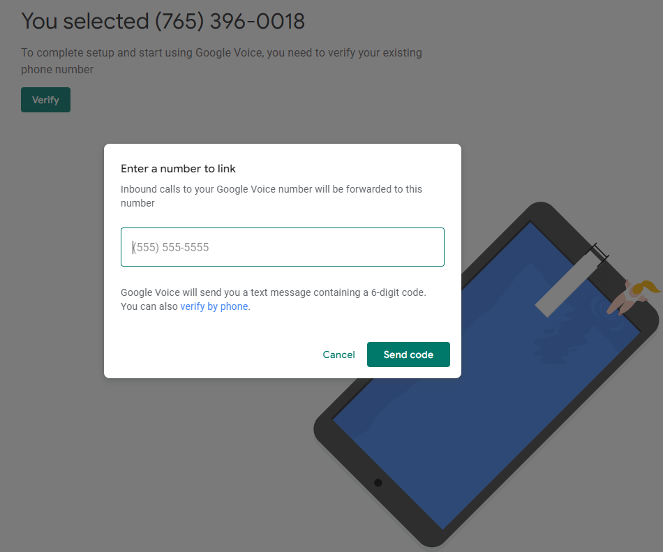 Click verify on the selected Google Voice number screen