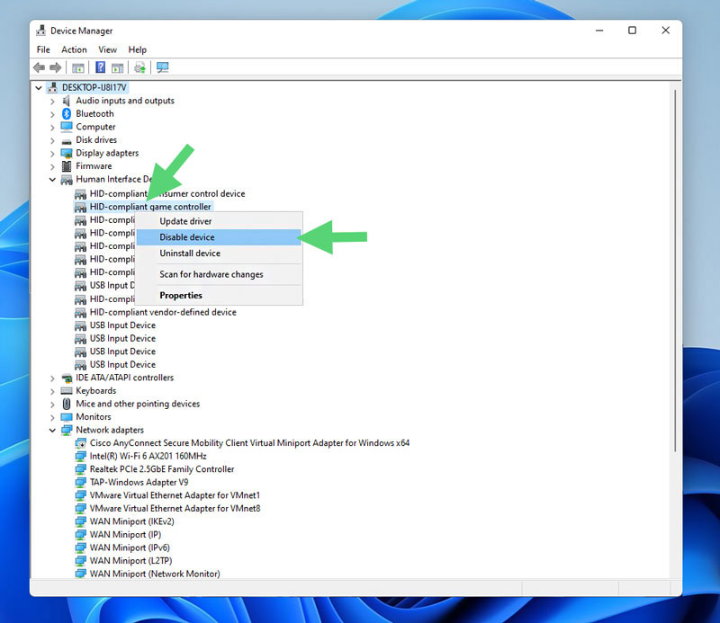 Disable HID-compatible game controller in Device Manager