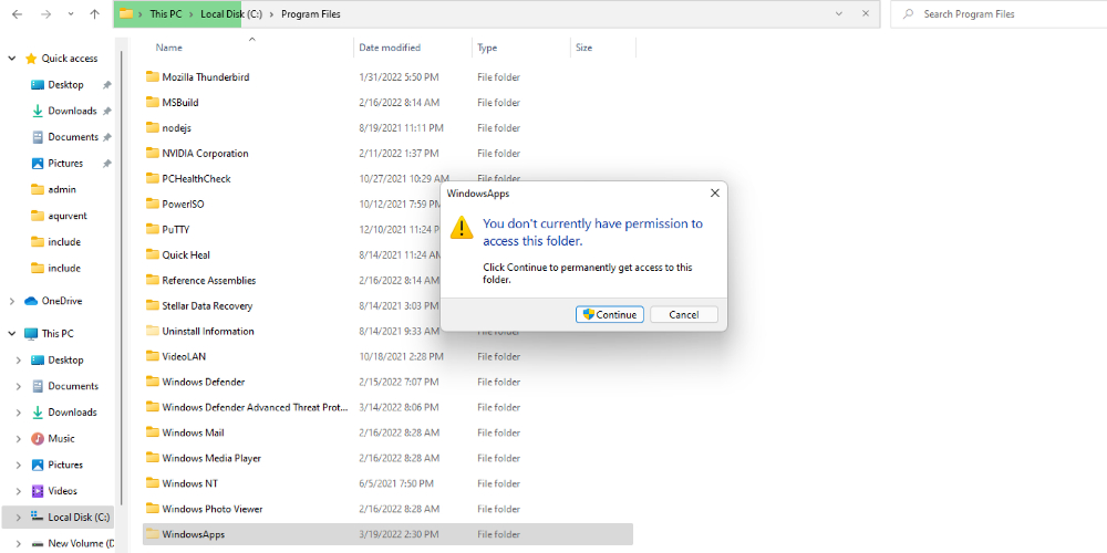 Error message When Open WindowsApps Folder