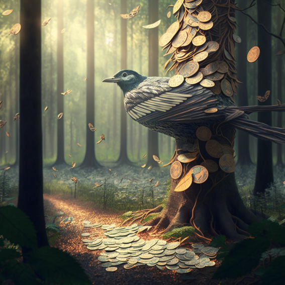 MidJourney-A_forest_where_paper_money_grows_on_trees_and_birds-1