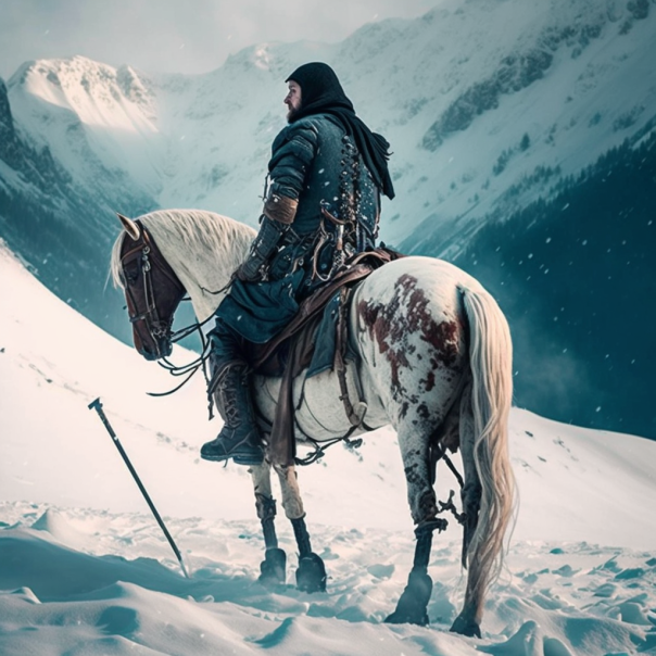 MidJourney-A_wounded_warrior_riding_his_horse_on_a_snowy_mounta_838f13d7-e0d2-4428-bbef-1d7e9b1d3dda-1