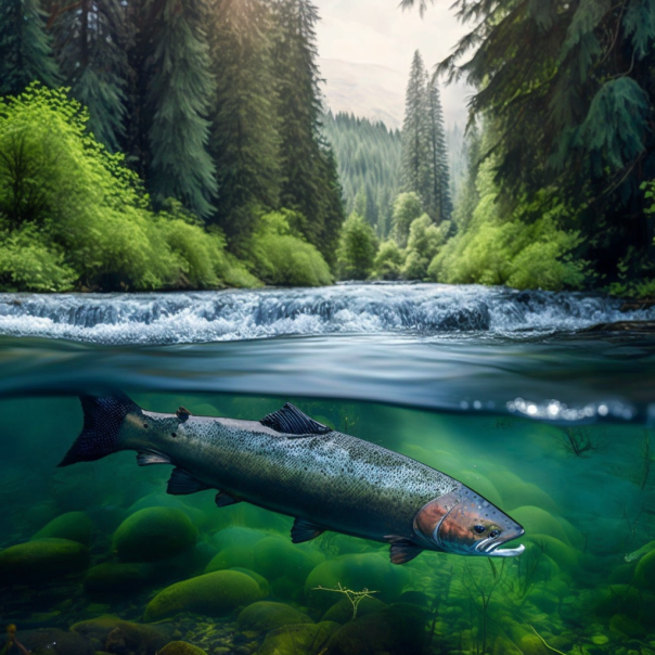 MidJourney-Salmon_in_a_river_with_lush_green_trees_in_the_background-1