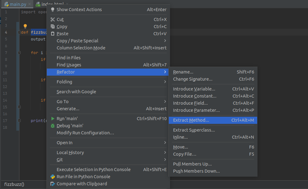 Simplified Actions in PyCharm