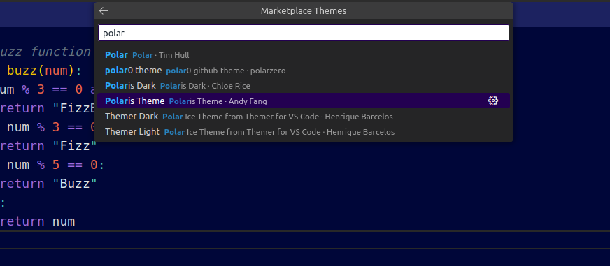 Changing themes in Visual Studio code