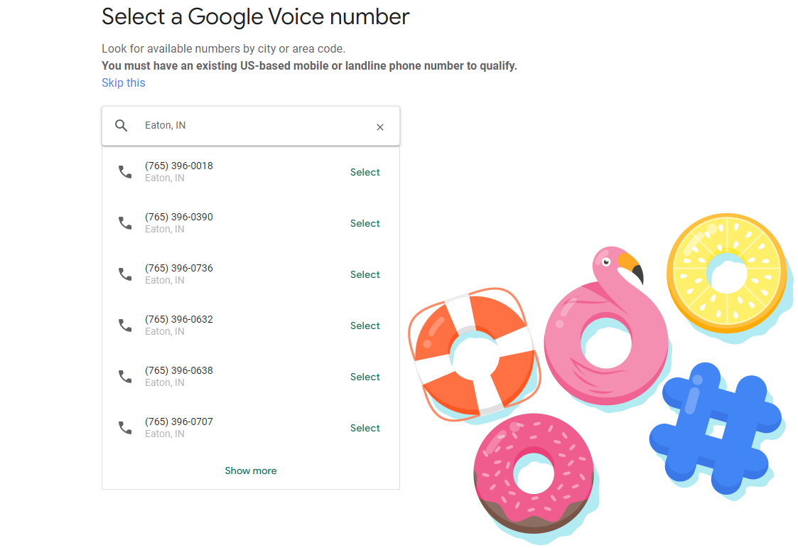 Select a Google Voice number screen