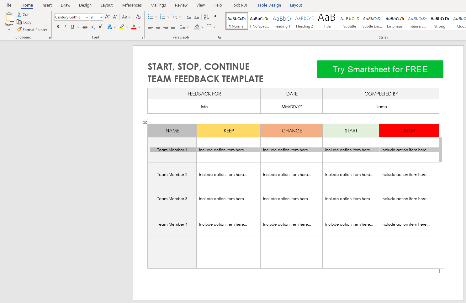 Start Stop Continue template from Smartsheet