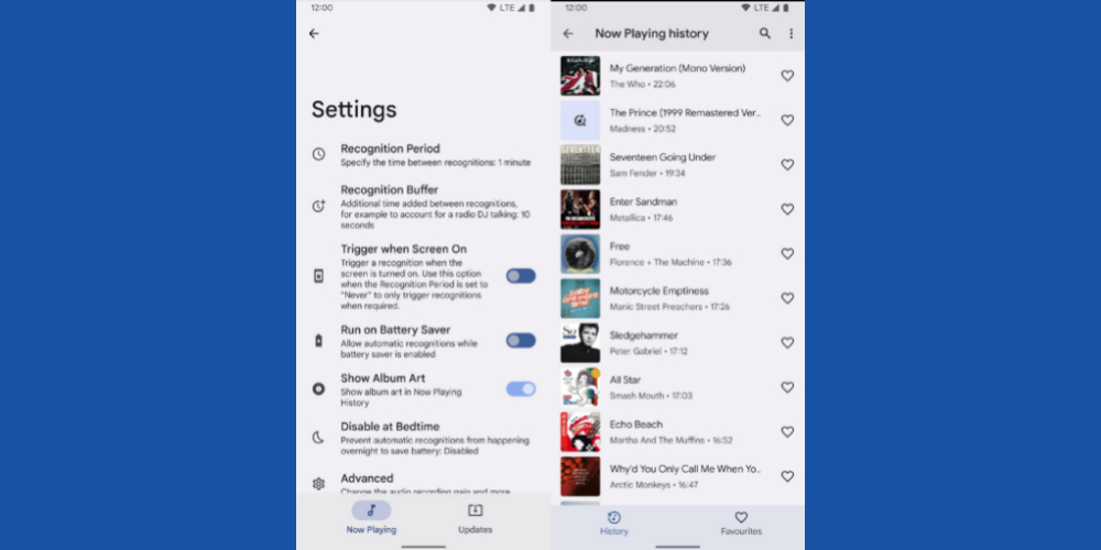 The settings page of Google Now Playing