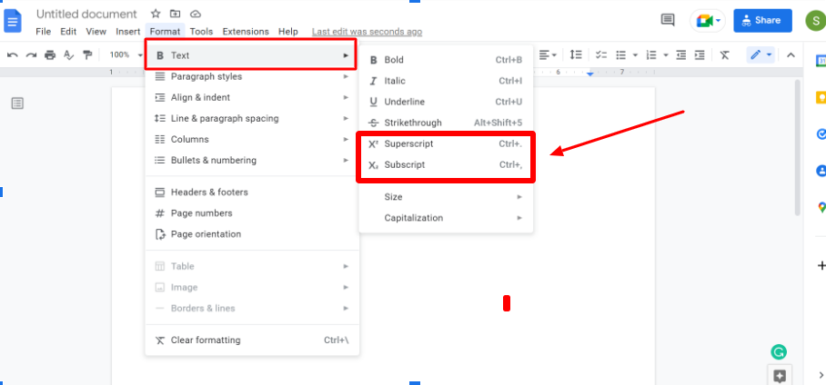 Superscript in Google Docs using the Format menu
