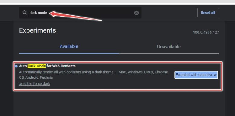 enable dark mode in google chrome with experimental features
