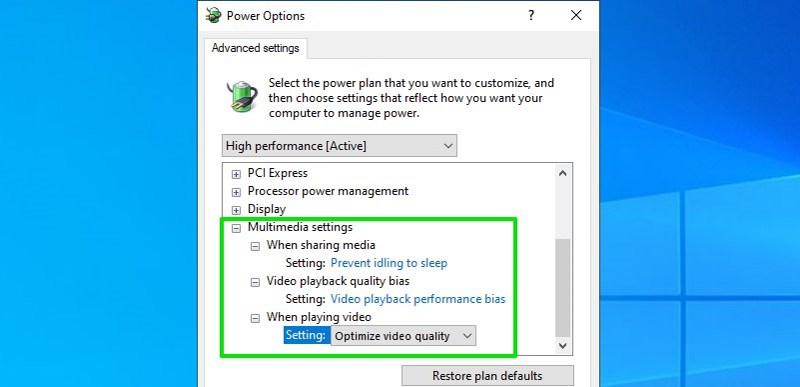 Multimedia settings power options