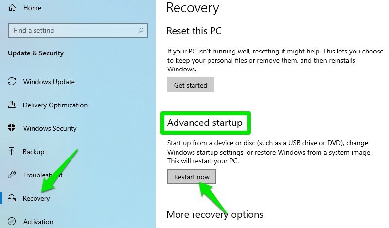 Recovery options Reboot now