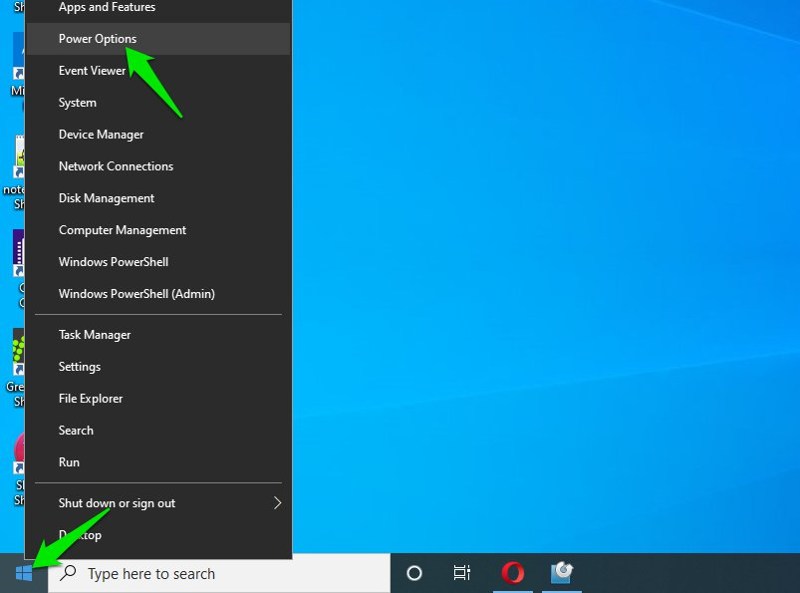 Select power options from start menu