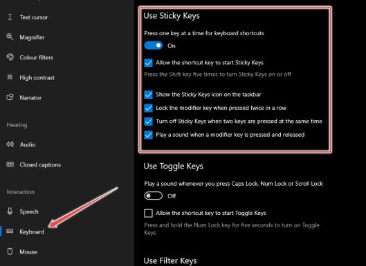 enable sticky keys from Windows 10 settings