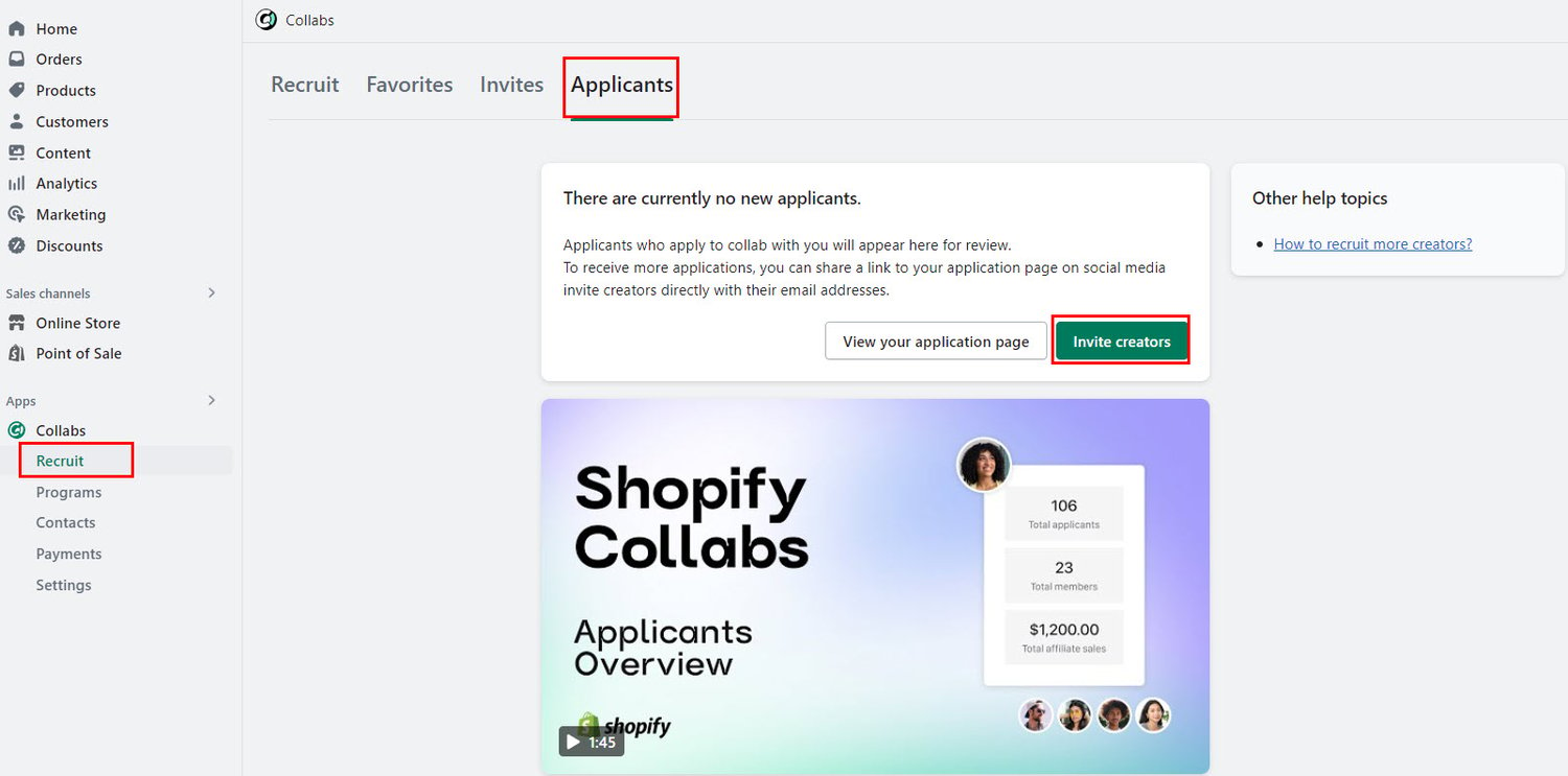 Invite creators on Shopify collabs login