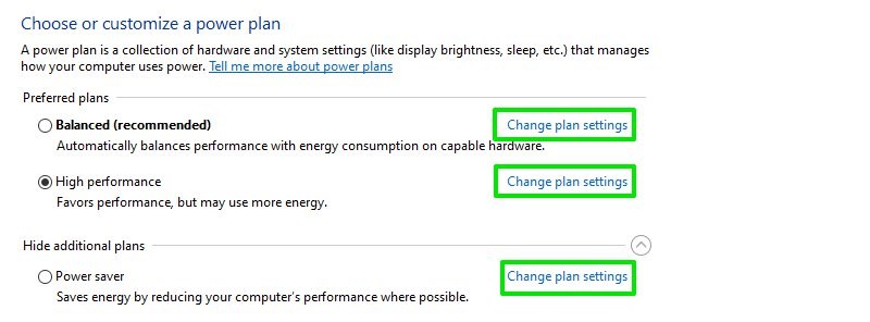 Change power plan settings in Windows 10