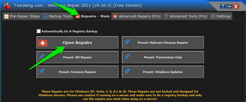 Windows Repair open repair list